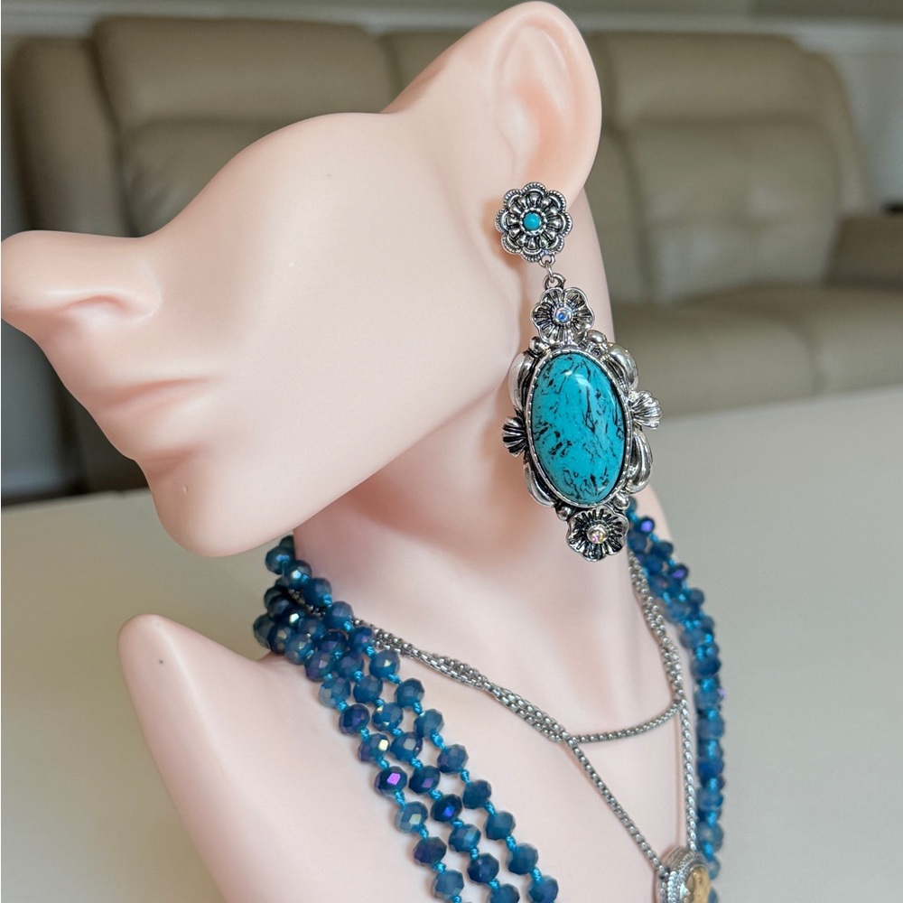 Turquoise Stone Silver Floral Drop Earrings